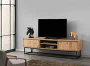 Suporte de TV industrial com pés de metal, preto e pinho, 180 cm | Painel de partículas 100% revestido de melamina, 2 gavetas, montável na parede, design elegante e funcional