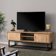 Suporte de TV industrial com pés de metal, preto e pinho, 140 cm | Painel de partículas 100% revestido de melamina, 18 mm de espessura | 2 gavetas, montagem na parede, design elegante