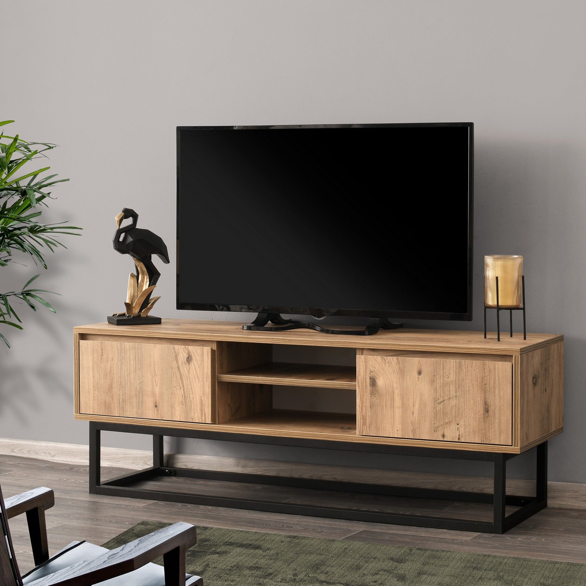 Suporte de TV industrial com pés de metal, preto e pinho, 140 cm | Painel de partículas 100% revestido de melamina, 18 mm de espessura | 2 gavetas, montagem na parede, design elegante