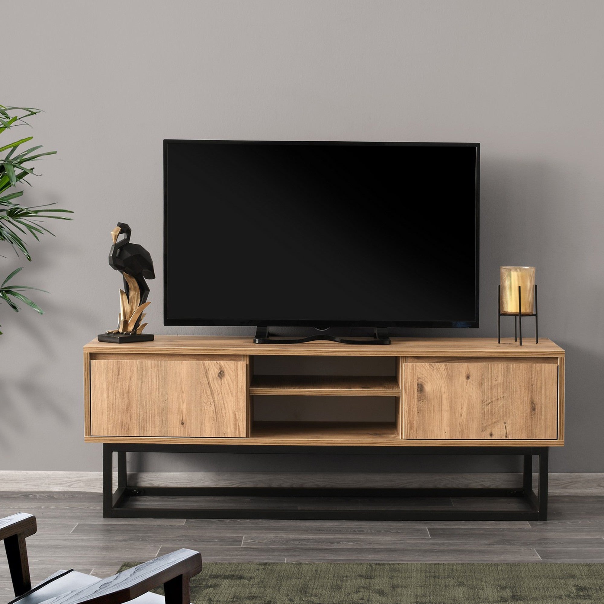 Suporte de TV industrial com pés de metal, preto e pinho, 140 cm | Painel de partículas 100% revestido de melamina, 18 mm de espessura | 2 gavetas, montagem na parede, design elegante