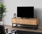 Suporte de TV industrial com 3 gavetas, preto e pinho, 140 cm | Painel de partículas 100% revestido de melamina, pernas de metal | Montável na parede, design elegante e funcional