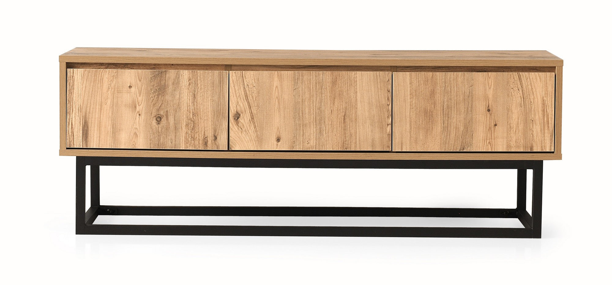 Suporte de TV industrial com 3 gavetas, preto e pinho, 140 cm | Painel de partículas 100% revestido de melamina, pernas de metal | Montável na parede, design elegante e funcional