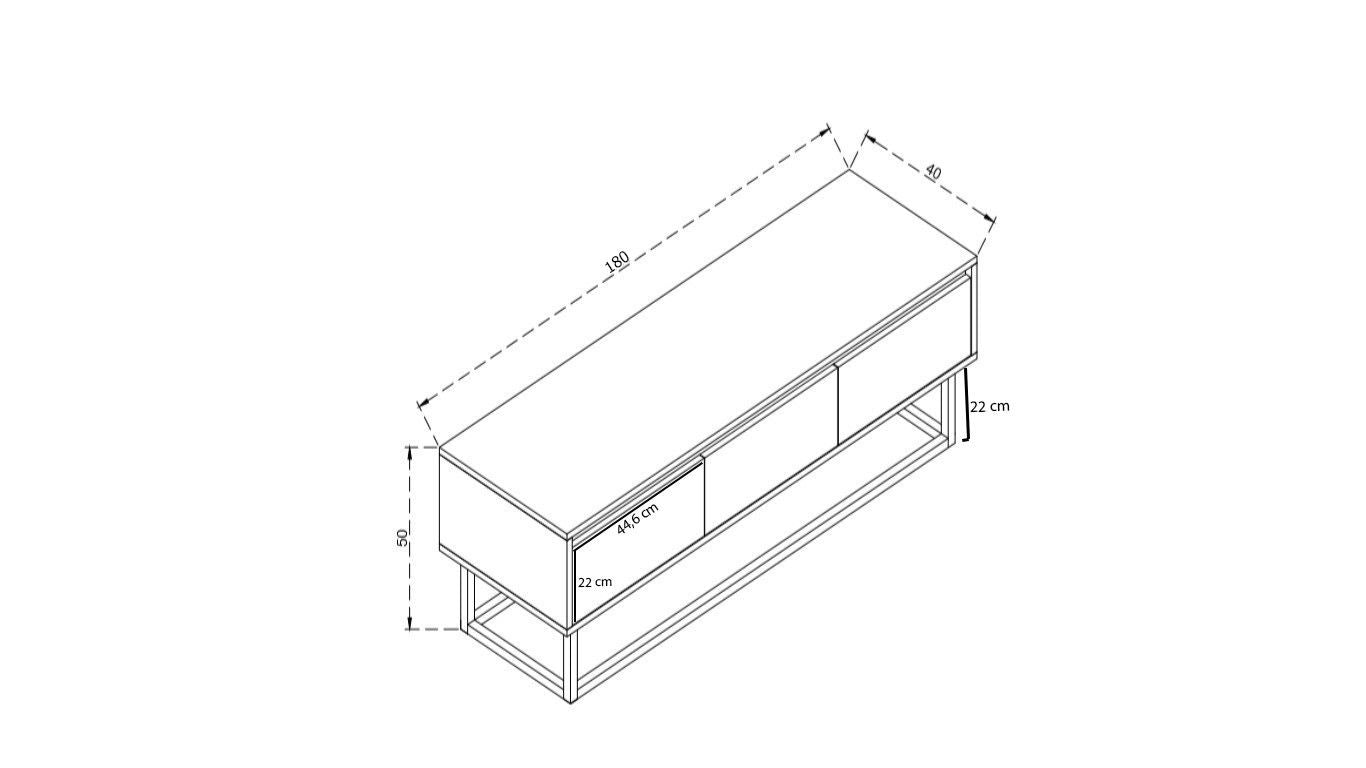 Suporte de TV industrial com 3 gavetas e prateleiras, preto e pinho, 180 cm | Painel de partículas 100% revestido de melamina, pernas de metal, montagem na parede, 18 mm de espessura