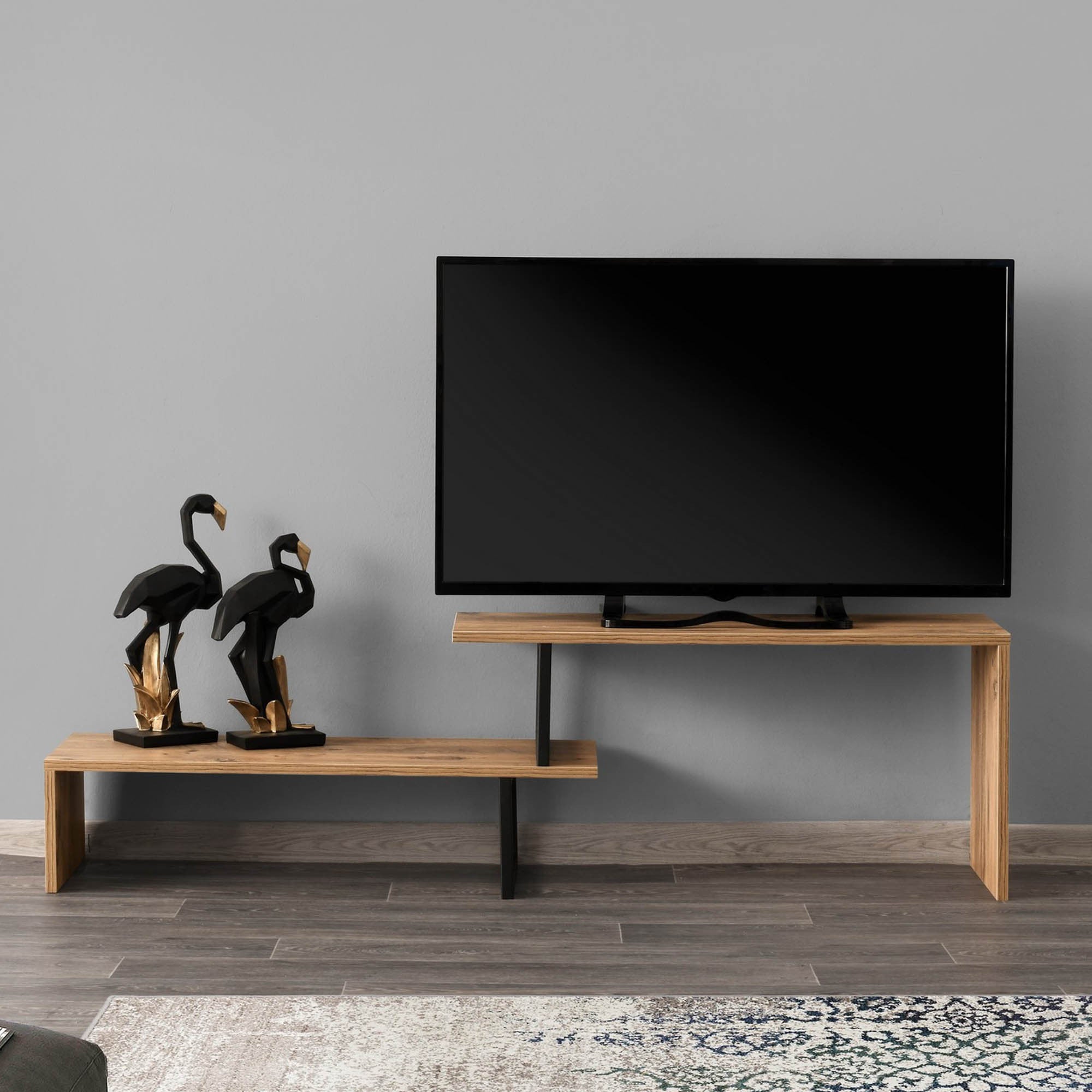 Suporte de TV moderno com opção de montagem na parede, preto e pinho, 153 x 44 x 30 cm | Painel de partículas 100% revestido de melamina, 18 mm de espessura | Design elegante e funcional