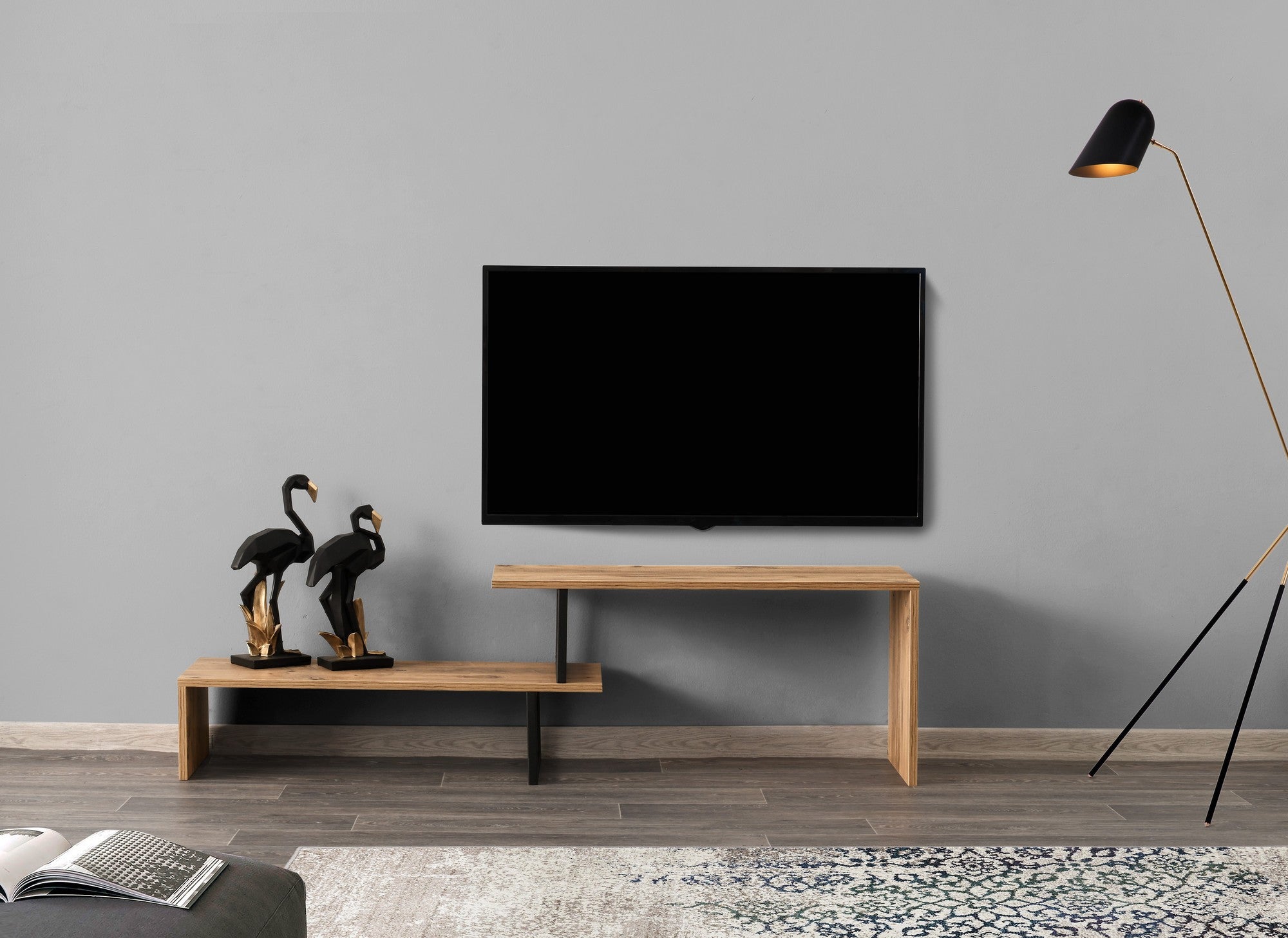 Suporte de TV moderno com opção de montagem na parede, preto e pinho, 153 x 44 x 30 cm | Painel de partículas 100% revestido de melamina, 18 mm de espessura | Design elegante e funcional
