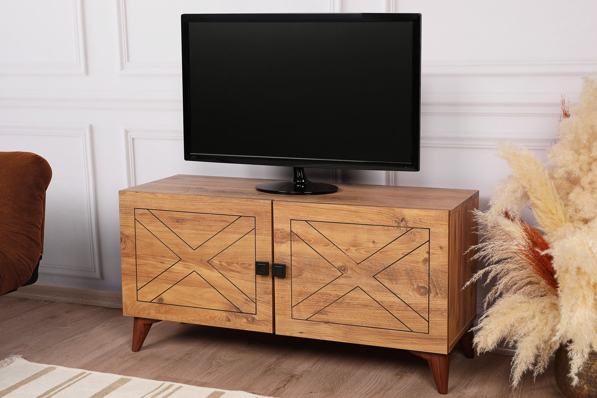 Móvel de TV rústico, cor pinho, 100 cm x 53,5 cm x 35 cm | Painel de partículas 100% revestido em melamina, 18 mm de espessura | Montável na parede, várias prateleiras, pés de plástico