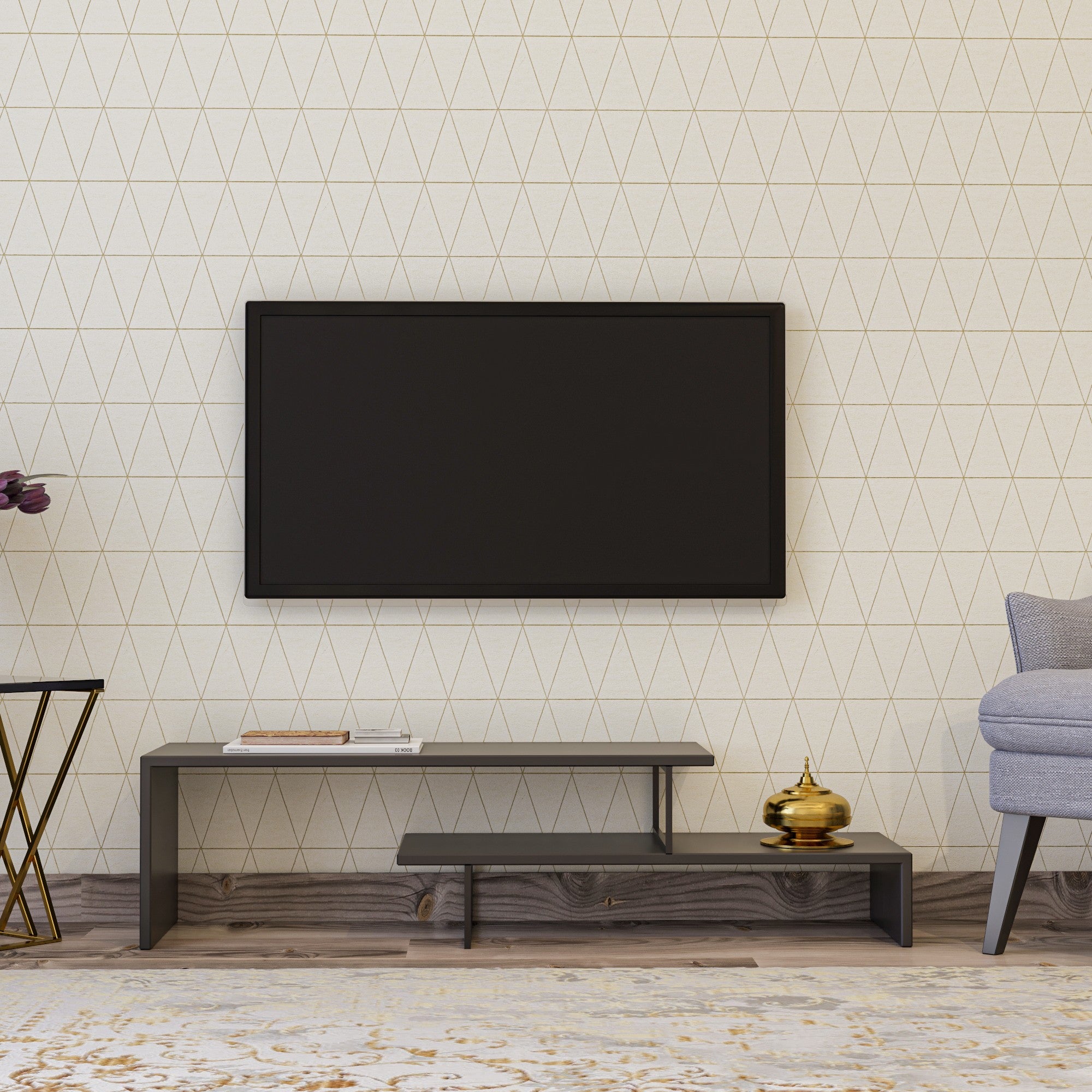 Suporte de TV moderno com pés de metal, preto e antracite, 120 cm | 100% revestido em melamina, 18 mm de espessura | Montável na parede, design elegante e funcional