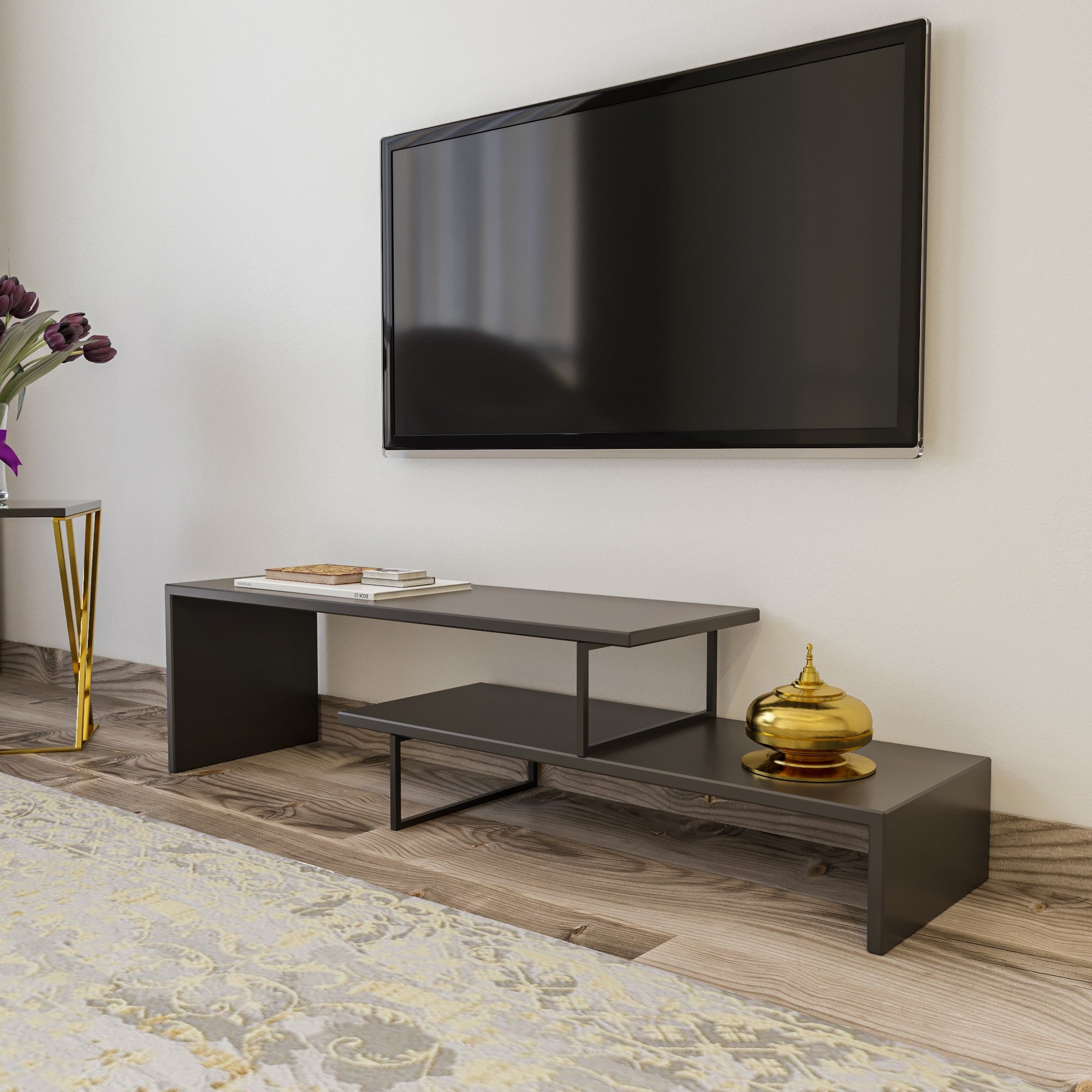 Suporte de TV moderno com pés de metal, preto e antracite, 120 cm | 100% revestido em melamina, 18 mm de espessura | Montável na parede, design elegante e funcional