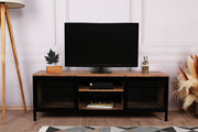 Suporte de TV moderno com pés de metal, pinho e preto, 150 cm | Painel de partículas 100% revestido de melamina, 18 mm de espessura | Montável na parede, design elegante e funcional