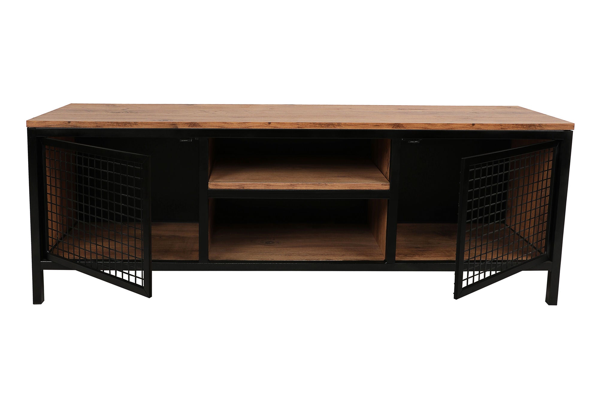 Suporte de TV moderno com pés de metal, pinho e preto, 150 cm | Painel de partículas 100% revestido de melamina, 18 mm de espessura | Montável na parede, design elegante e funcional