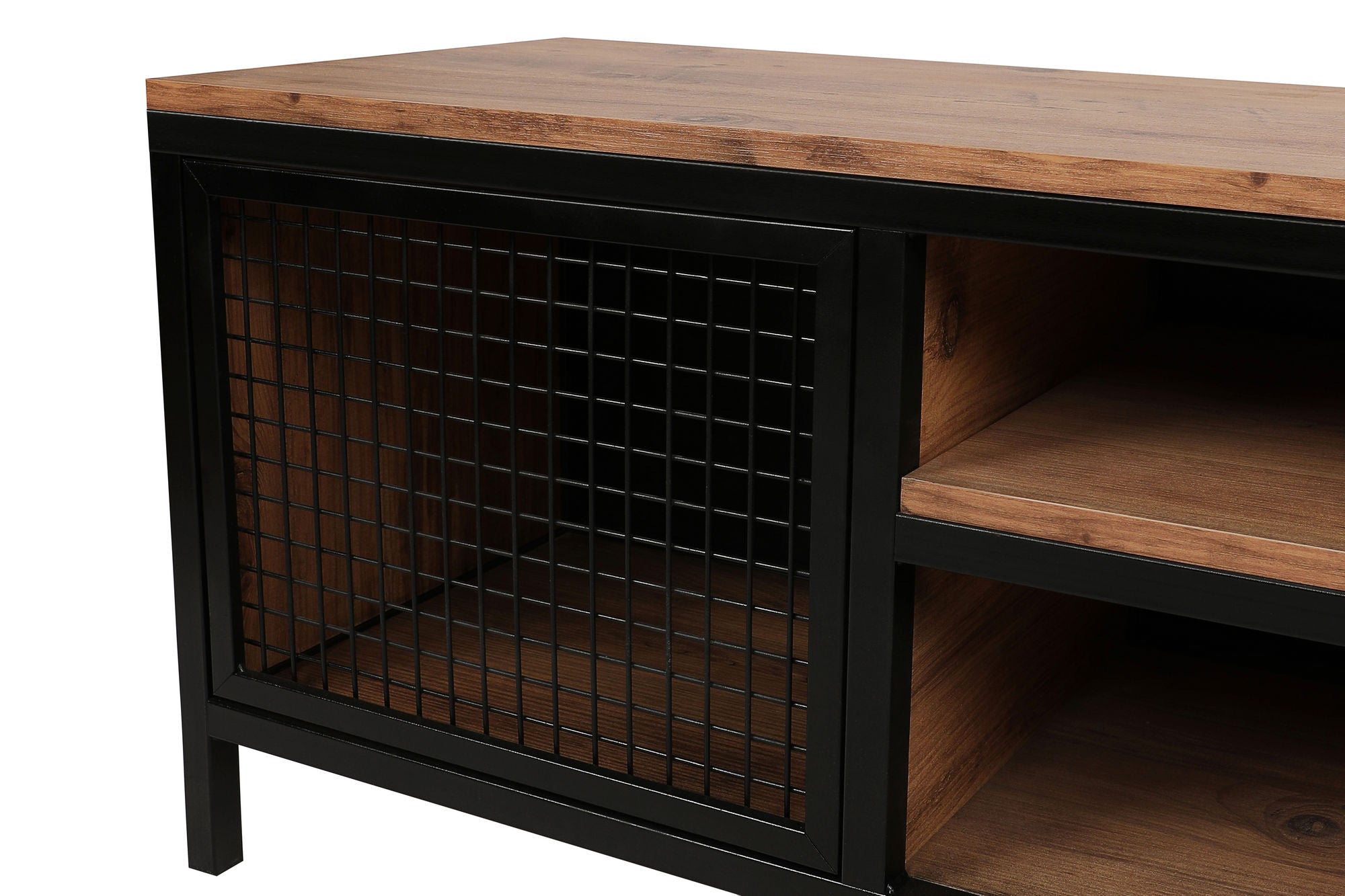 Suporte de TV moderno com pés de metal, pinho e preto, 150 cm | Painel de partículas 100% revestido de melamina, 18 mm de espessura | Montável na parede, design elegante e funcional