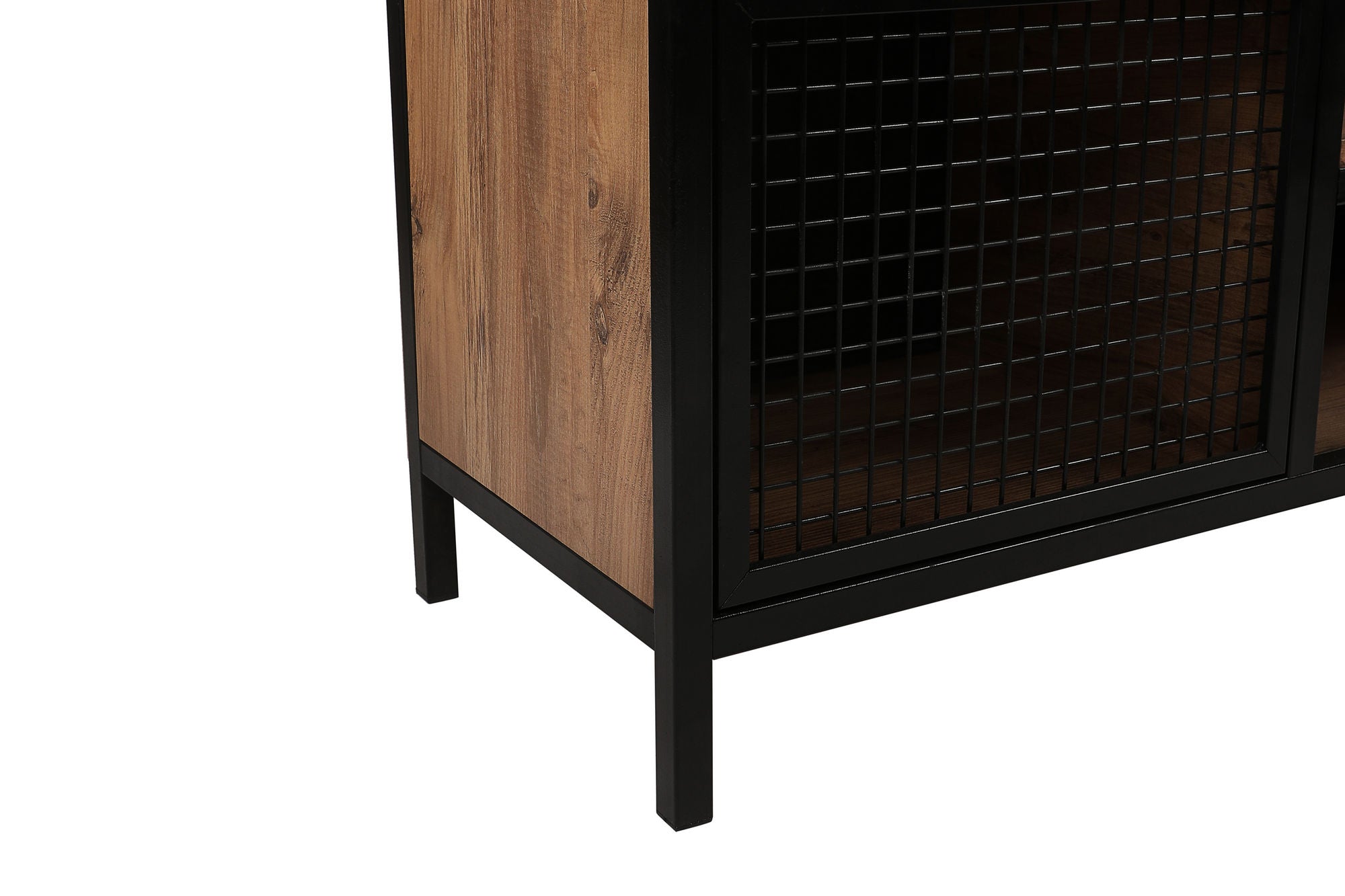 Suporte de TV moderno com pés de metal, pinho e preto, 150 cm | Painel de partículas 100% revestido de melamina, 18 mm de espessura | Montável na parede, design elegante e funcional