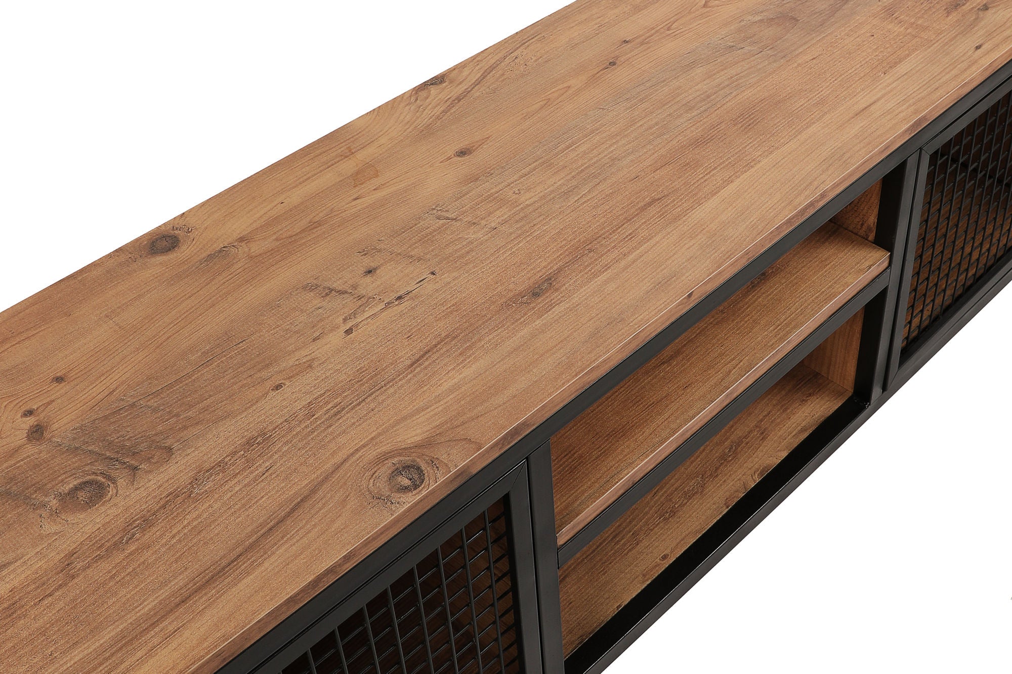 Suporte de TV moderno com pés de metal, pinho e preto, 150 cm | Painel de partículas 100% revestido de melamina, 18 mm de espessura | Montável na parede, design elegante e funcional