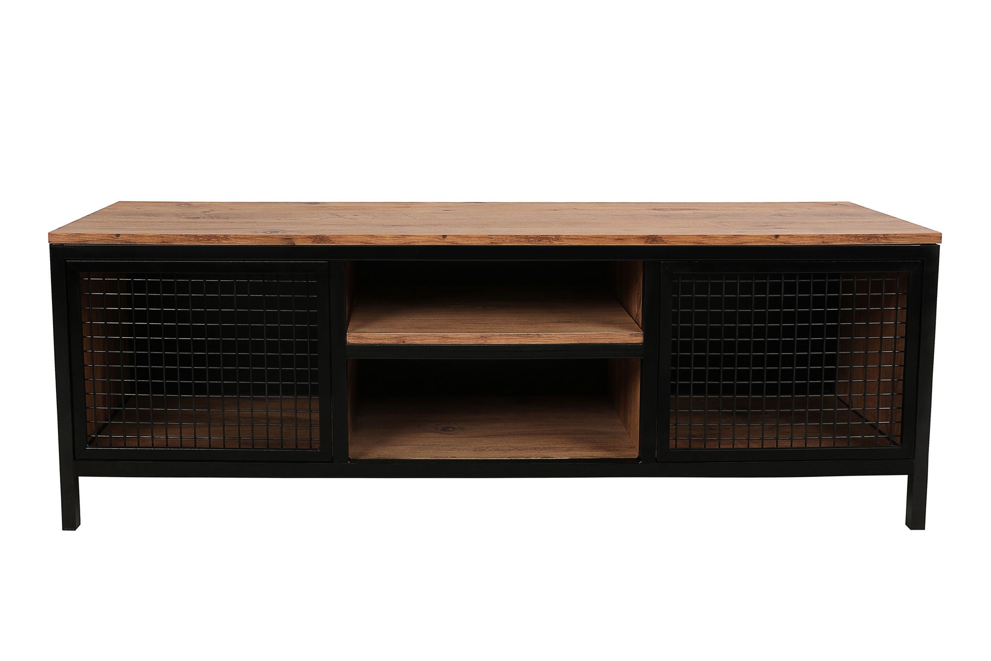 Suporte de TV moderno com pés de metal, pinho e preto, 150 cm | Painel de partículas 100% revestido de melamina, 18 mm de espessura | Montável na parede, design elegante e funcional
