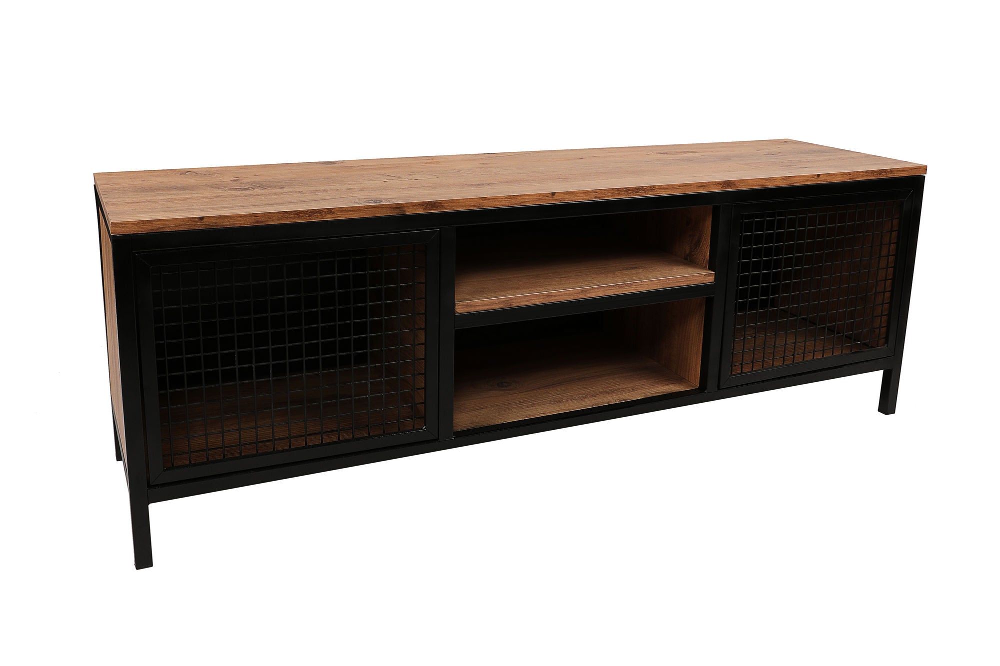 Suporte de TV moderno com pés de metal, pinho e preto, 150 cm | Painel de partículas 100% revestido de melamina, 18 mm de espessura | Montável na parede, design elegante e funcional