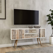 Suporte de TV rústico com 2 gavetas e prateleiras, branco e nogueira, 122 x 65 x 35 cm | 100% revestido em melamina, pernas de madeira, montável na parede, design elegante e funcional