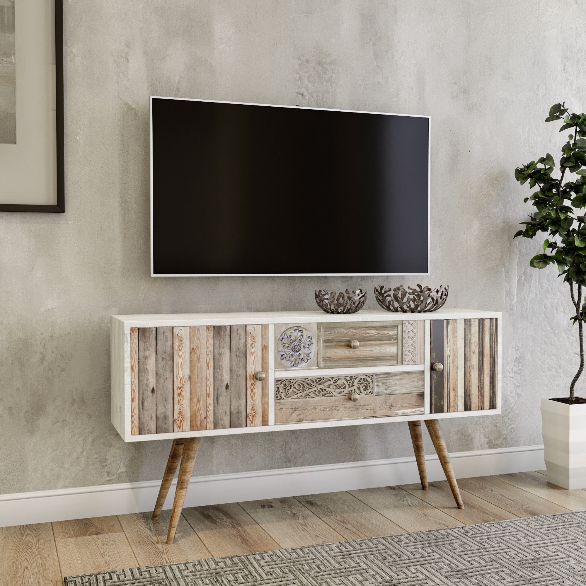 Suporte de TV rústico com 2 gavetas e prateleiras, branco e nogueira, 122 x 65 x 35 cm | 100% revestido em melamina, pernas de madeira, montável na parede, design elegante e funcional