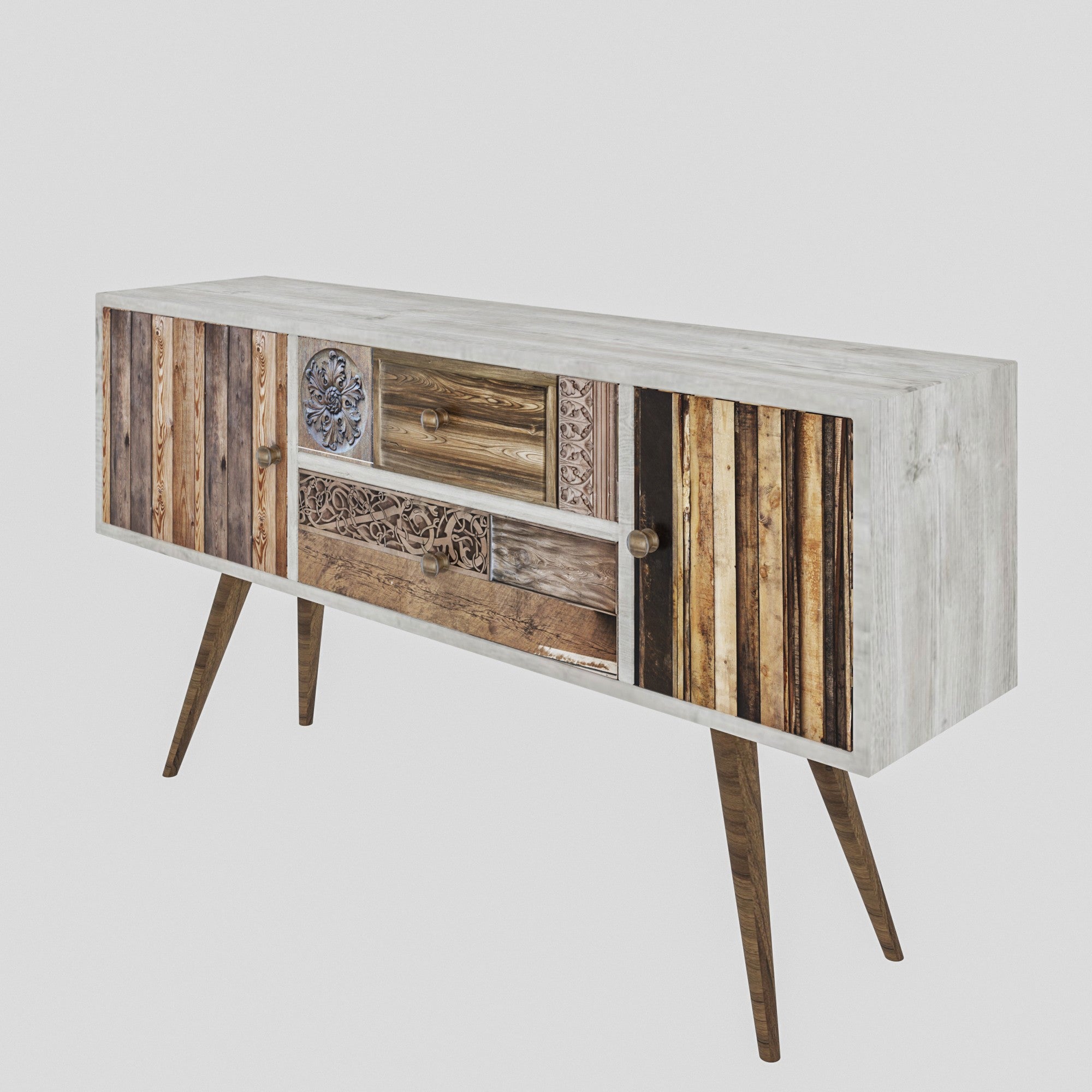 Suporte de TV rústico com 2 gavetas e prateleiras, branco e nogueira, 122 x 65 x 35 cm | 100% revestido em melamina, pernas de madeira, montável na parede, design elegante e funcional
