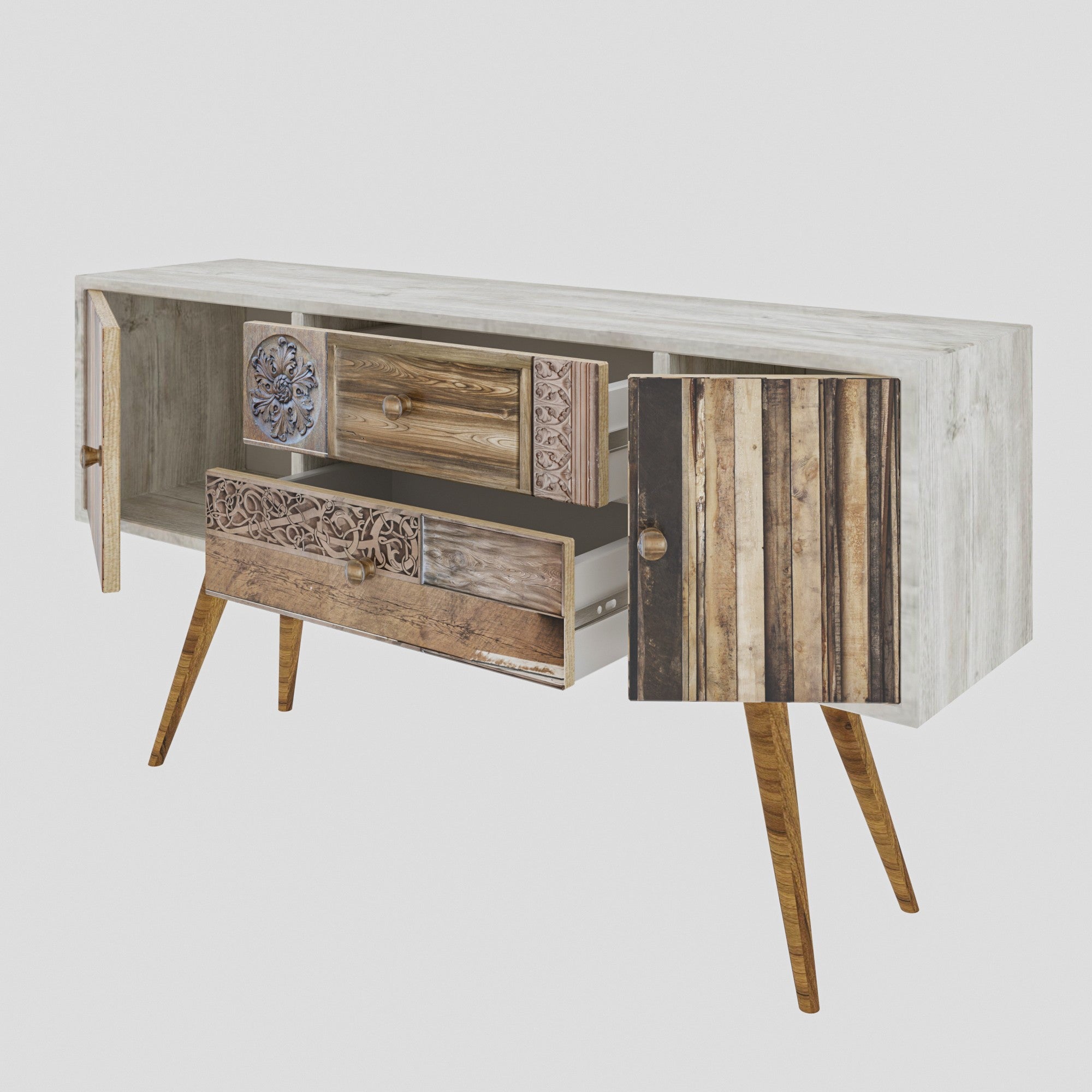 Suporte de TV rústico com 2 gavetas e prateleiras, branco e nogueira, 122 x 65 x 35 cm | 100% revestido em melamina, pernas de madeira, montável na parede, design elegante e funcional