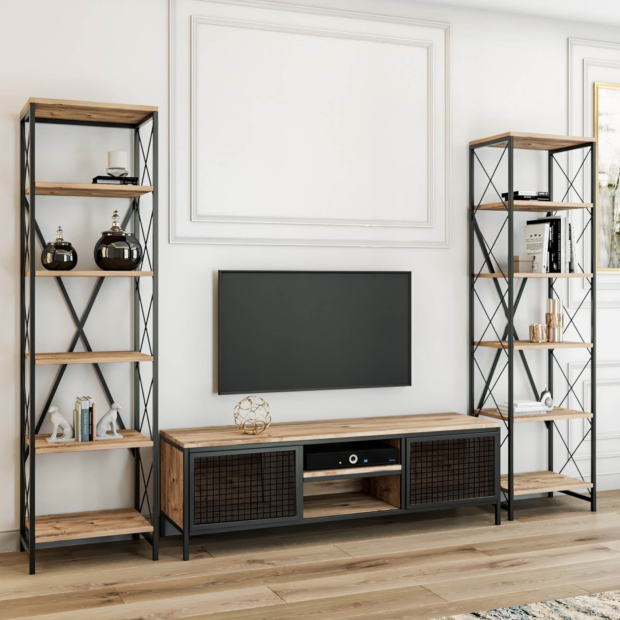 Móvel de TV industrial, pinho e preto, 150 cm | Painel de partículas 100% revestido em melamina | Montável na parede, várias prateleiras, design elegante e funcional