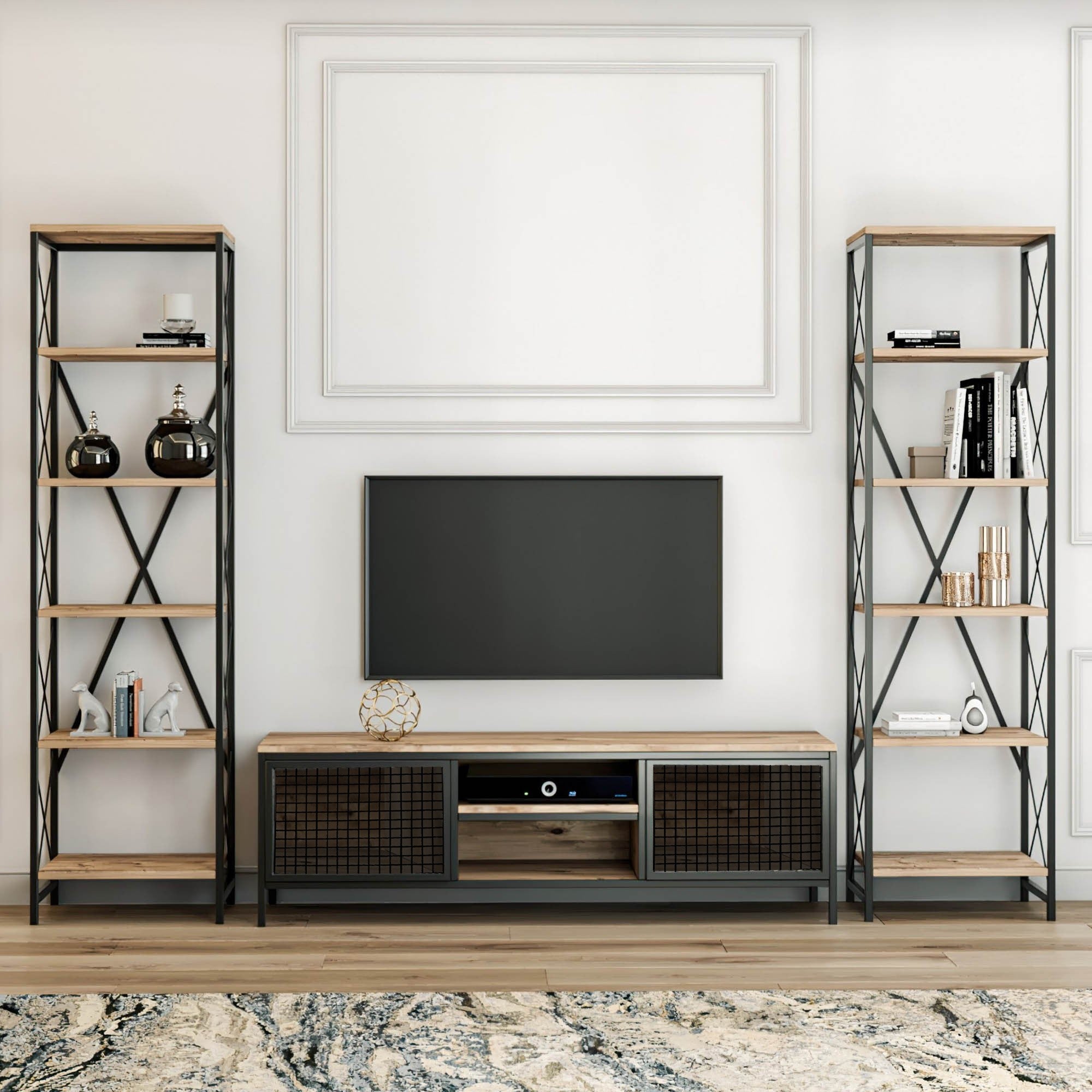 Móvel de TV industrial, pinho e preto, 150 cm | Painel de partículas 100% revestido em melamina | Montável na parede, várias prateleiras, design elegante e funcional