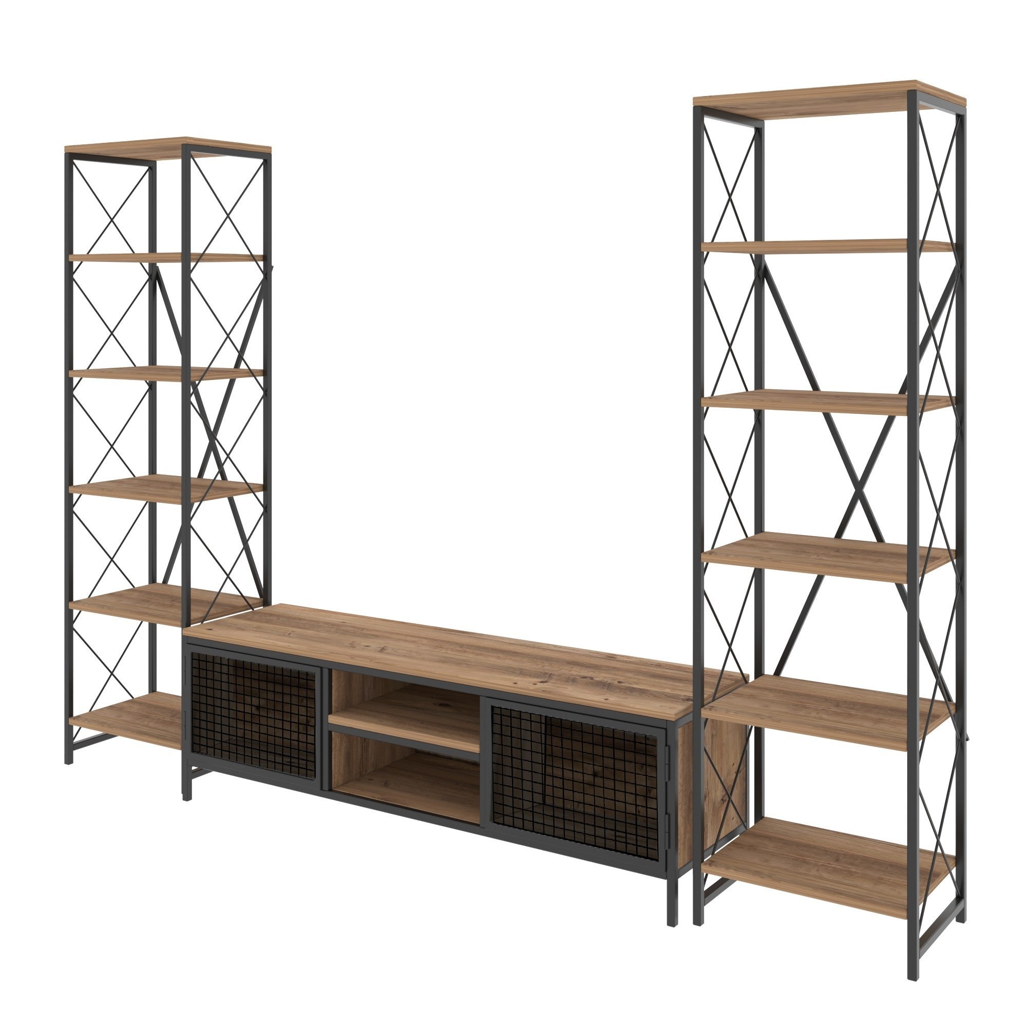 Móvel de TV industrial, pinho e preto, 150 cm | Painel de partículas 100% revestido em melamina | Montável na parede, várias prateleiras, design elegante e funcional