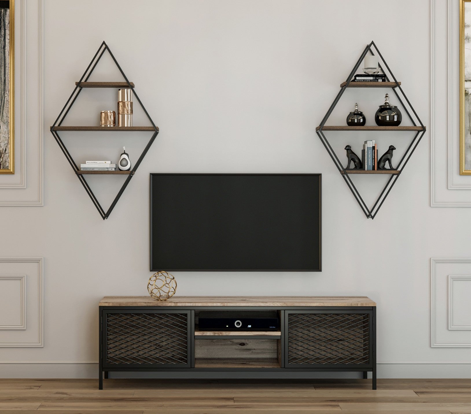 Móvel de TV moderno com estrutura de metal, pinho atlântico e preto, 150 cm | Painel de partículas 100% revestido de melamina | Montável na parede, design elegante e funcional