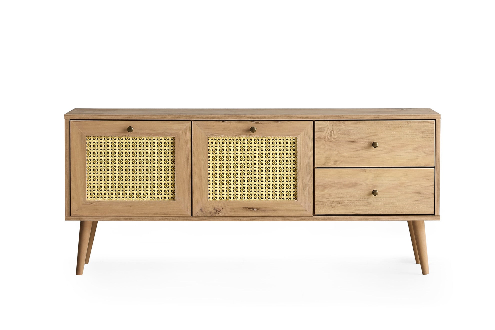 Móvel de TV rústico boêmio, cor carvalho, 140 cm | Painel de partículas 100% revestido em melamina, 18 mm de espessura | 2 gavetas, várias prateleiras, montável na parede