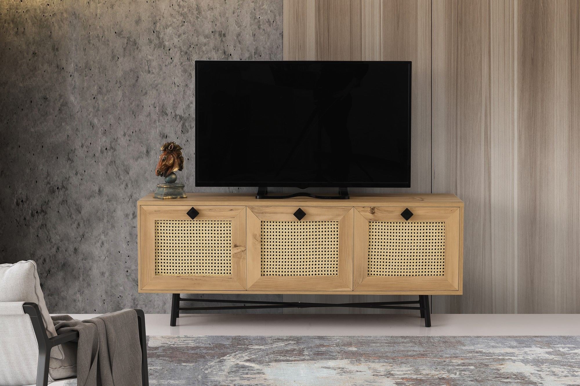 Suporte de TV elegante, carvalho e preto, 140 cm | Painel de partículas 100% revestido de melamina, 18 mm de espessura | Montável na parede, design boêmio e rústico, várias prateleiras