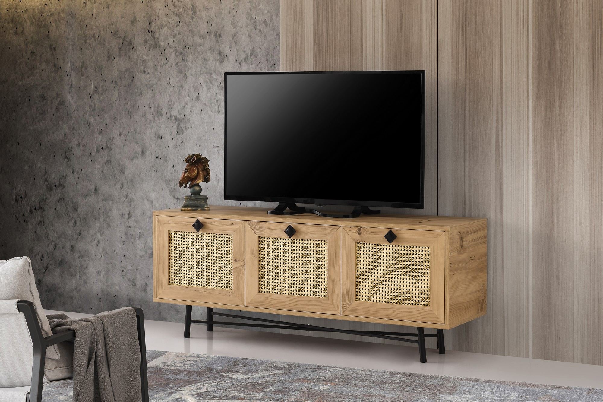Suporte de TV elegante, carvalho e preto, 140 cm | Painel de partículas 100% revestido de melamina, 18 mm de espessura | Montável na parede, design boêmio e rústico, várias prateleiras