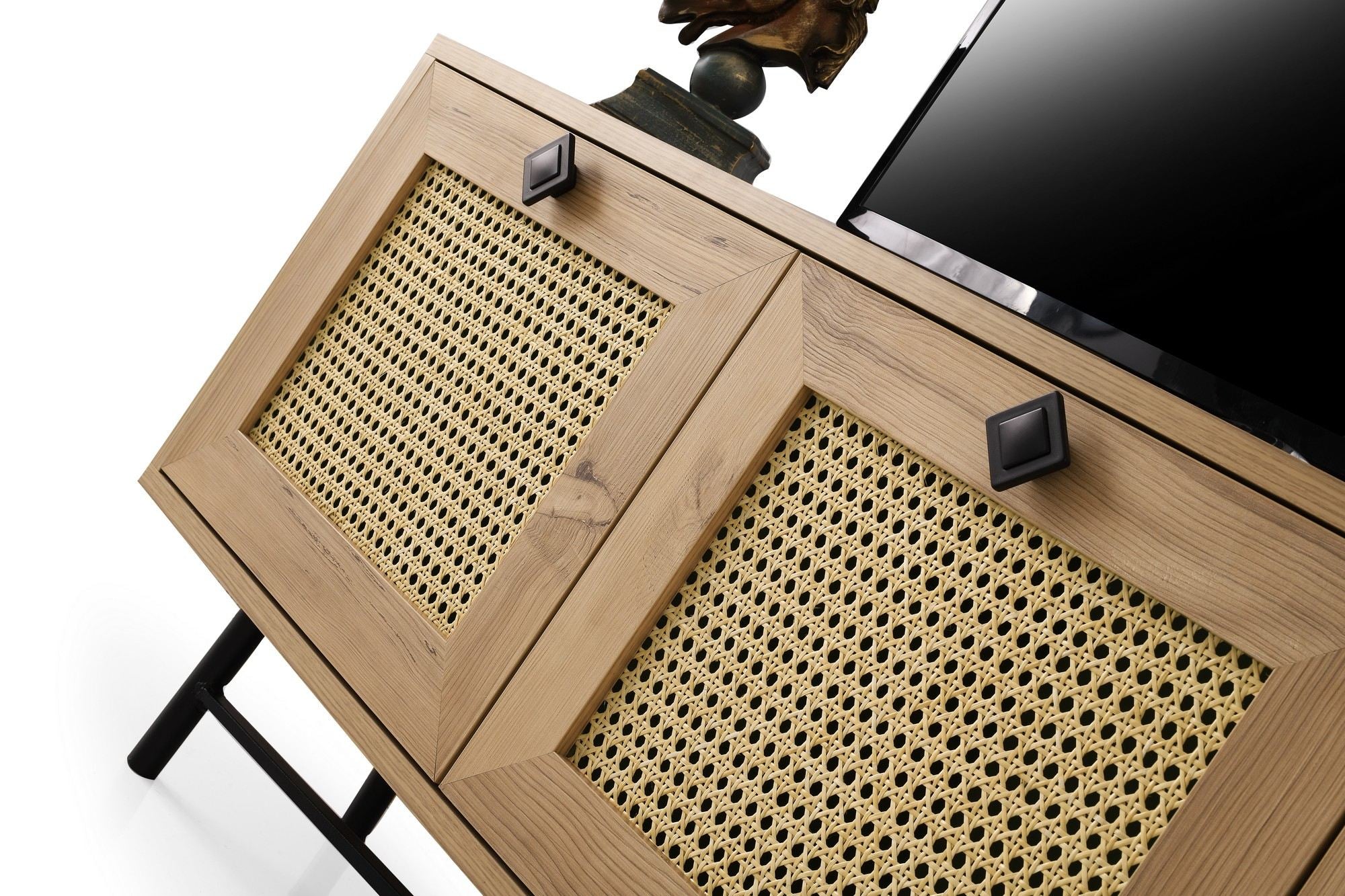 Suporte de TV elegante, carvalho e preto, 140 cm | Painel de partículas 100% revestido de melamina, 18 mm de espessura | Montável na parede, design boêmio e rústico, várias prateleiras