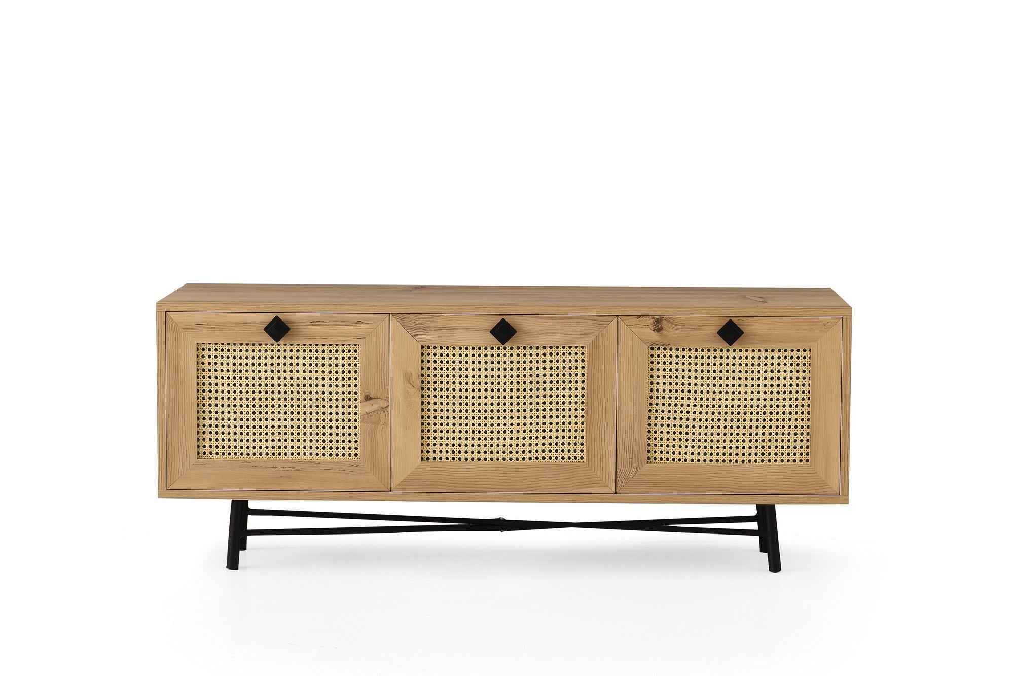 Suporte de TV elegante, carvalho e preto, 140 cm | Painel de partículas 100% revestido de melamina, 18 mm de espessura | Montável na parede, design boêmio e rústico, várias prateleiras