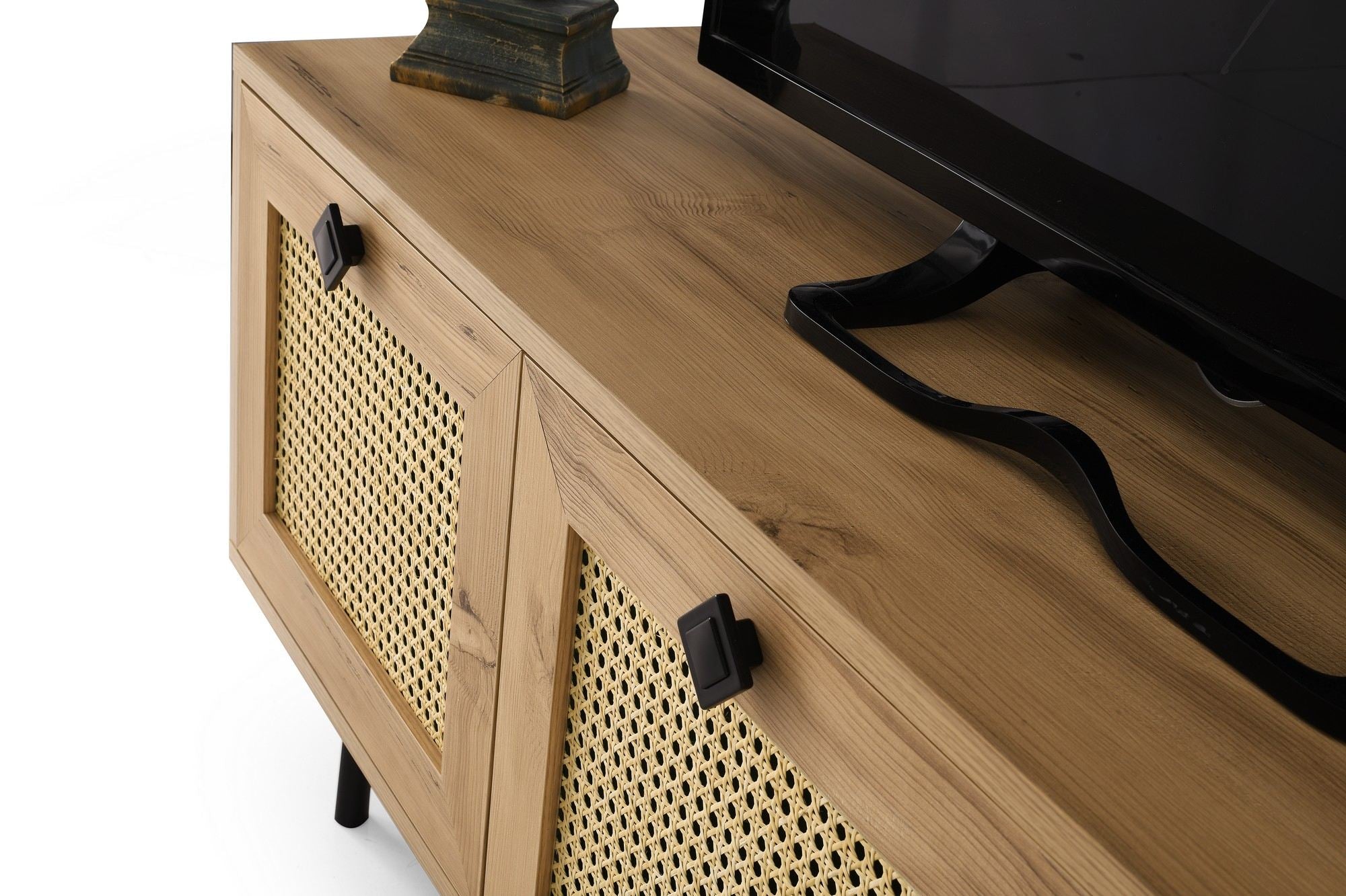Suporte de TV elegante, carvalho e preto, 140 cm | Painel de partículas 100% revestido de melamina, 18 mm de espessura | Montável na parede, design boêmio e rústico, várias prateleiras