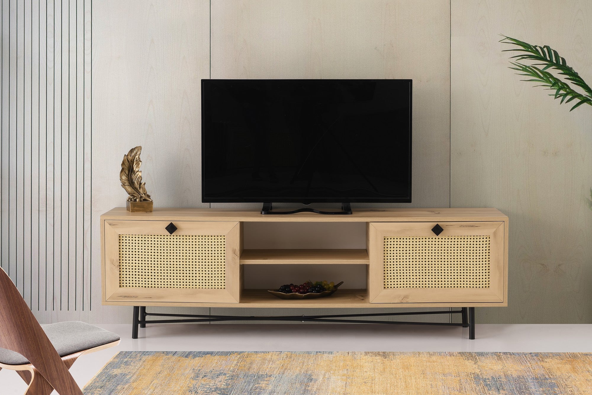 Suporte de TV elegante, carvalho e preto, 180 cm | Painel de partículas 100% revestido de melamina, 18 mm de espessura | Montável na parede, design boêmio e industrial, prateleiras funcionais