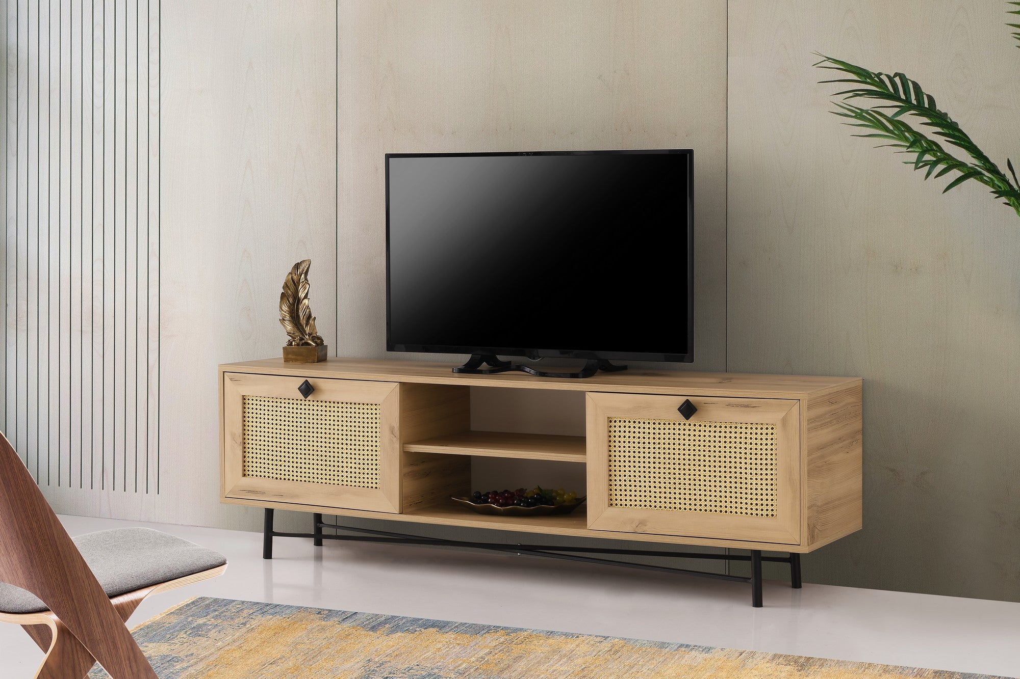 Suporte de TV elegante, carvalho e preto, 180 cm | Painel de partículas 100% revestido de melamina, 18 mm de espessura | Montável na parede, design boêmio e industrial, prateleiras funcionais