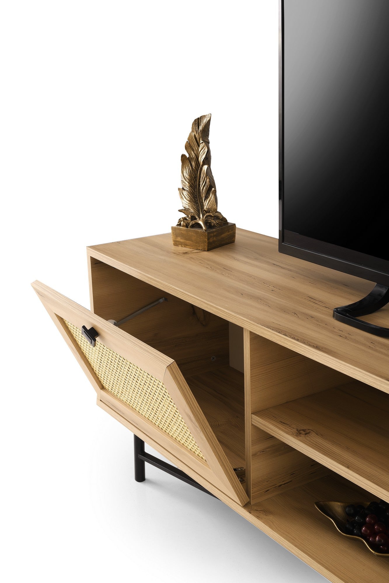 Suporte de TV elegante, carvalho e preto, 180 cm | Painel de partículas 100% revestido de melamina, 18 mm de espessura | Montável na parede, design boêmio e industrial, prateleiras funcionais
