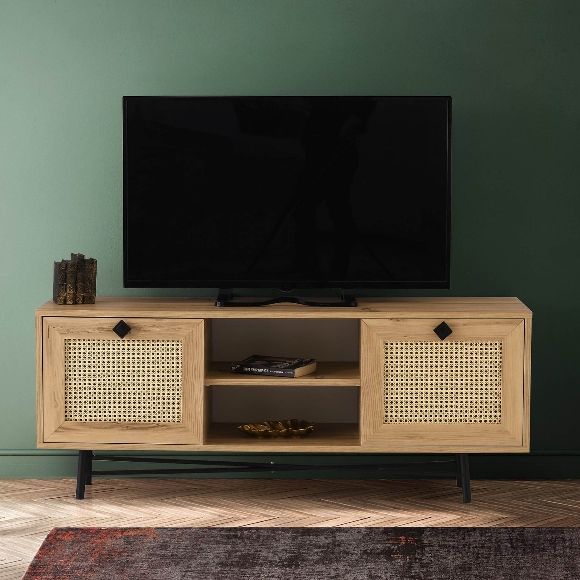 Suporte de TV elegante, carvalho e preto, 140 cm | Painel de partículas 100% revestido de melamina, 18 mm de espessura | Montável na parede, design boêmio e industrial, prateleiras funcionais