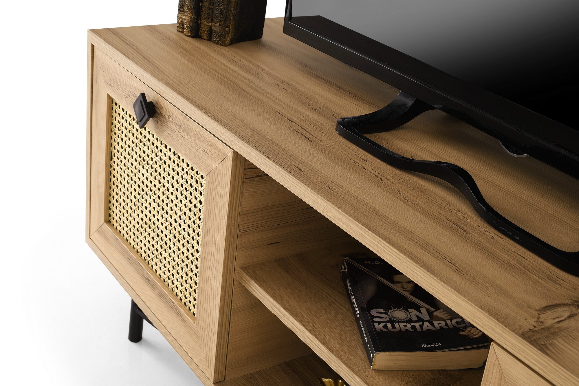 Suporte de TV elegante, carvalho e preto, 140 cm | Painel de partículas 100% revestido de melamina, 18 mm de espessura | Montável na parede, design boêmio e industrial, prateleiras funcionais