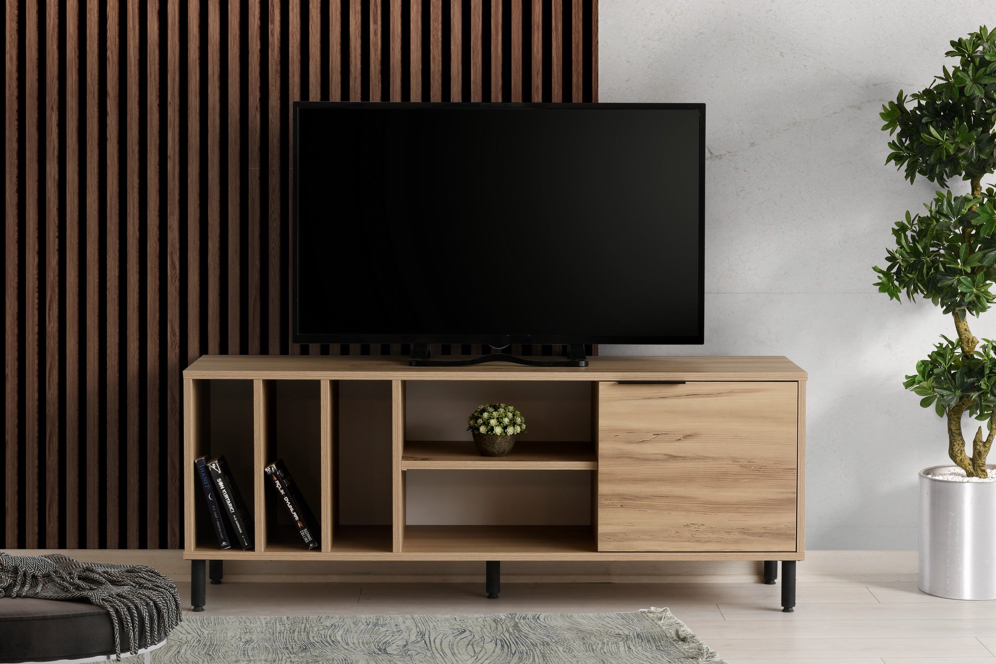 Suporte de TV industrial, cor carvalho, 140 cm x 55 cm x 40 cm | Painel de partículas 100% revestido de melamina, 18 mm de espessura, pernas de metal, várias prateleiras | Elegante e funcional