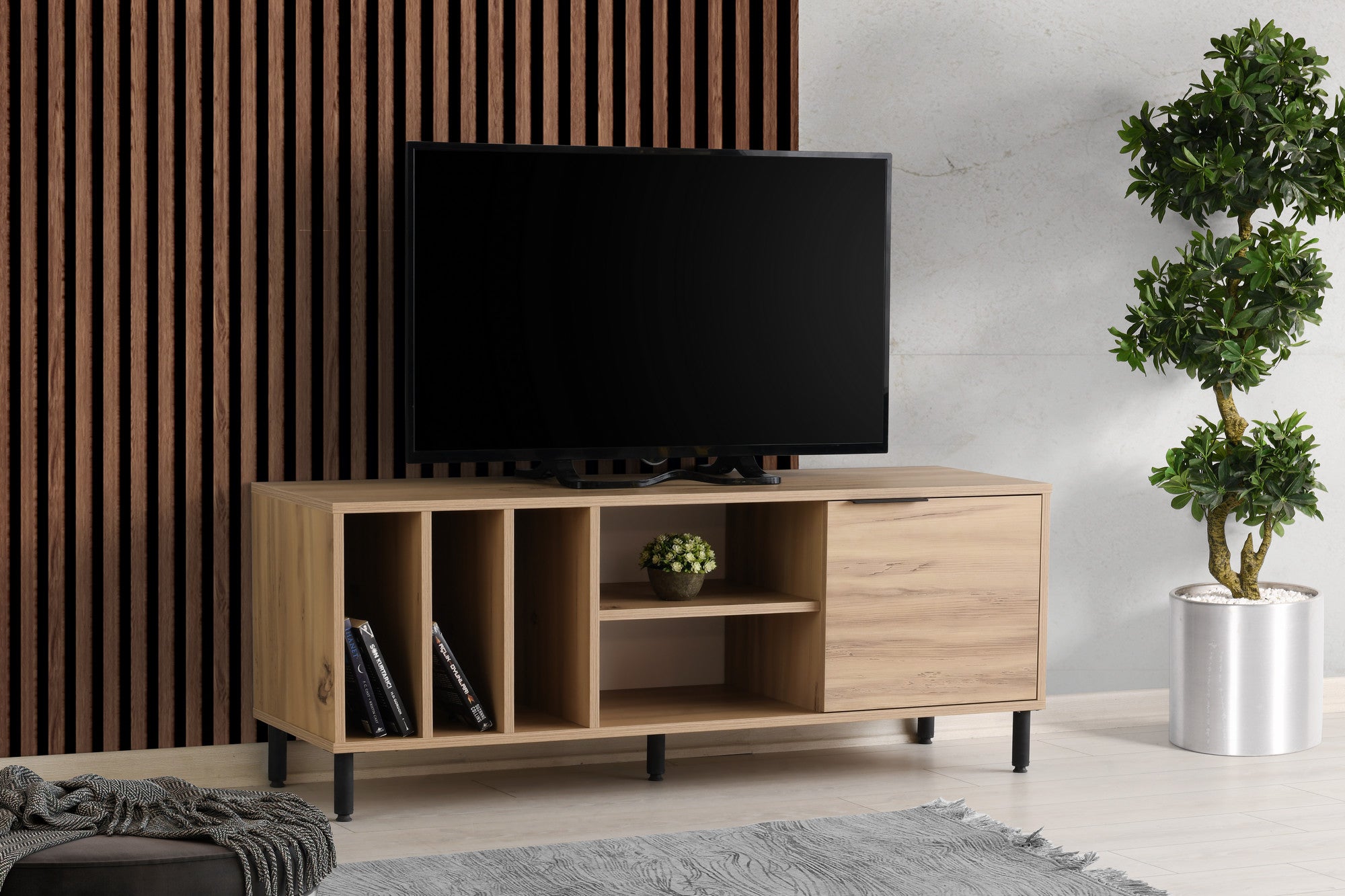 Suporte de TV industrial, cor carvalho, 140 cm x 55 cm x 40 cm | Painel de partículas 100% revestido de melamina, 18 mm de espessura, pernas de metal, várias prateleiras | Elegante e funcional