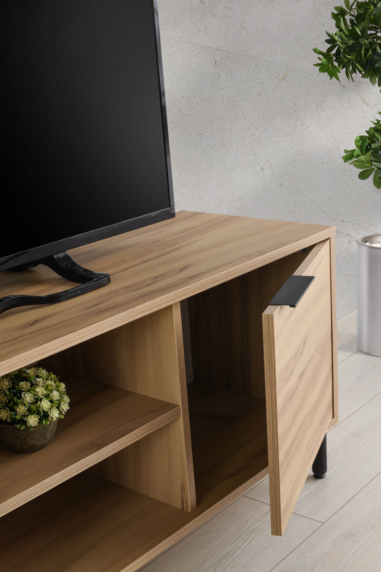 Suporte de TV industrial, cor carvalho, 140 cm x 55 cm x 40 cm | Painel de partículas 100% revestido de melamina, 18 mm de espessura, pernas de metal, várias prateleiras | Elegante e funcional