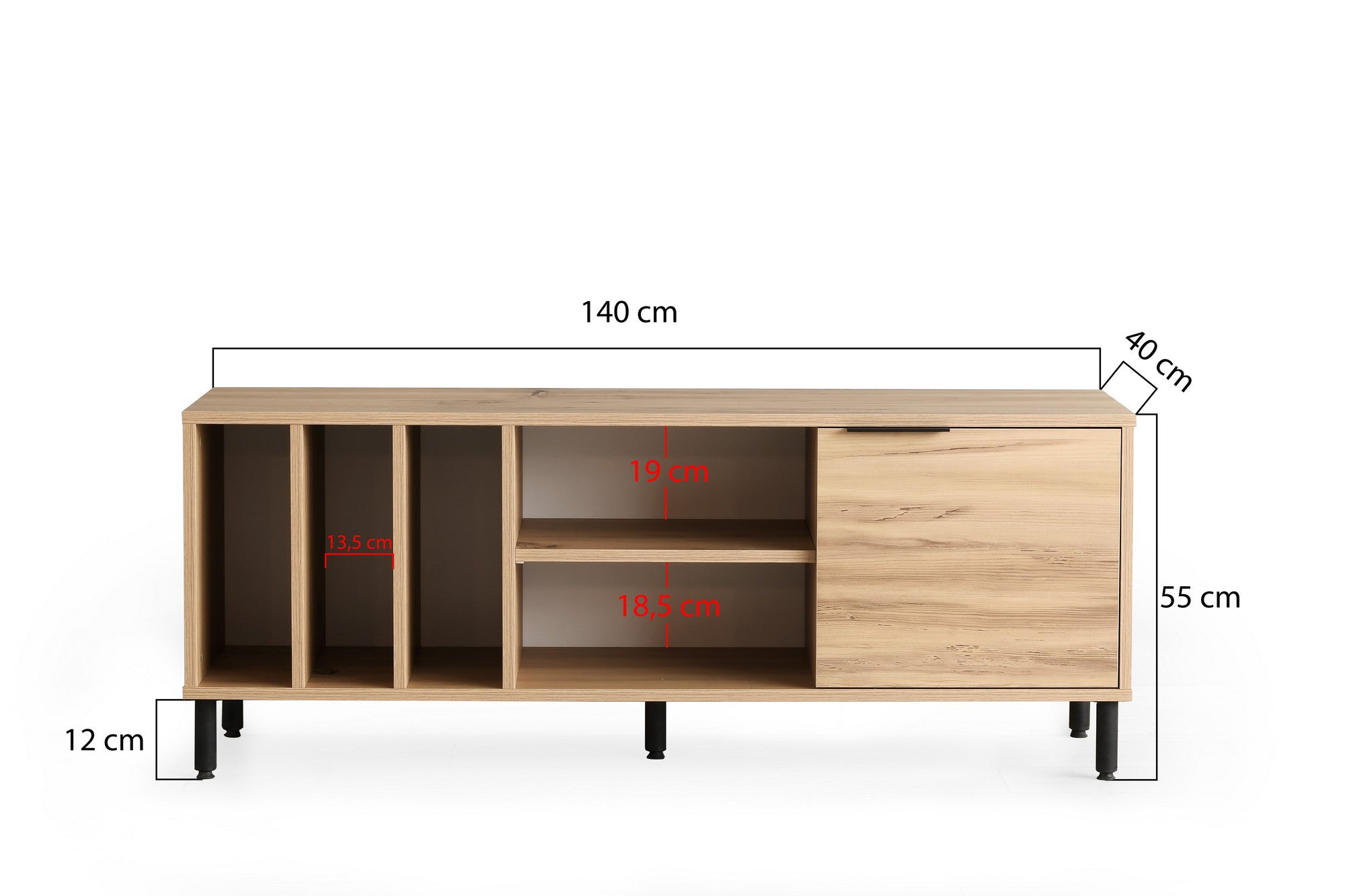 Suporte de TV industrial, cor carvalho, 140 cm x 55 cm x 40 cm | Painel de partículas 100% revestido de melamina, 18 mm de espessura, pernas de metal, várias prateleiras | Elegante e funcional
