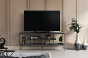 Suporte de TV moderno com pés de metal, antracite, 120 cm | Painel de partículas 100% revestido de melamina, 18 mm de espessura | Elegante e funcional com várias prateleiras