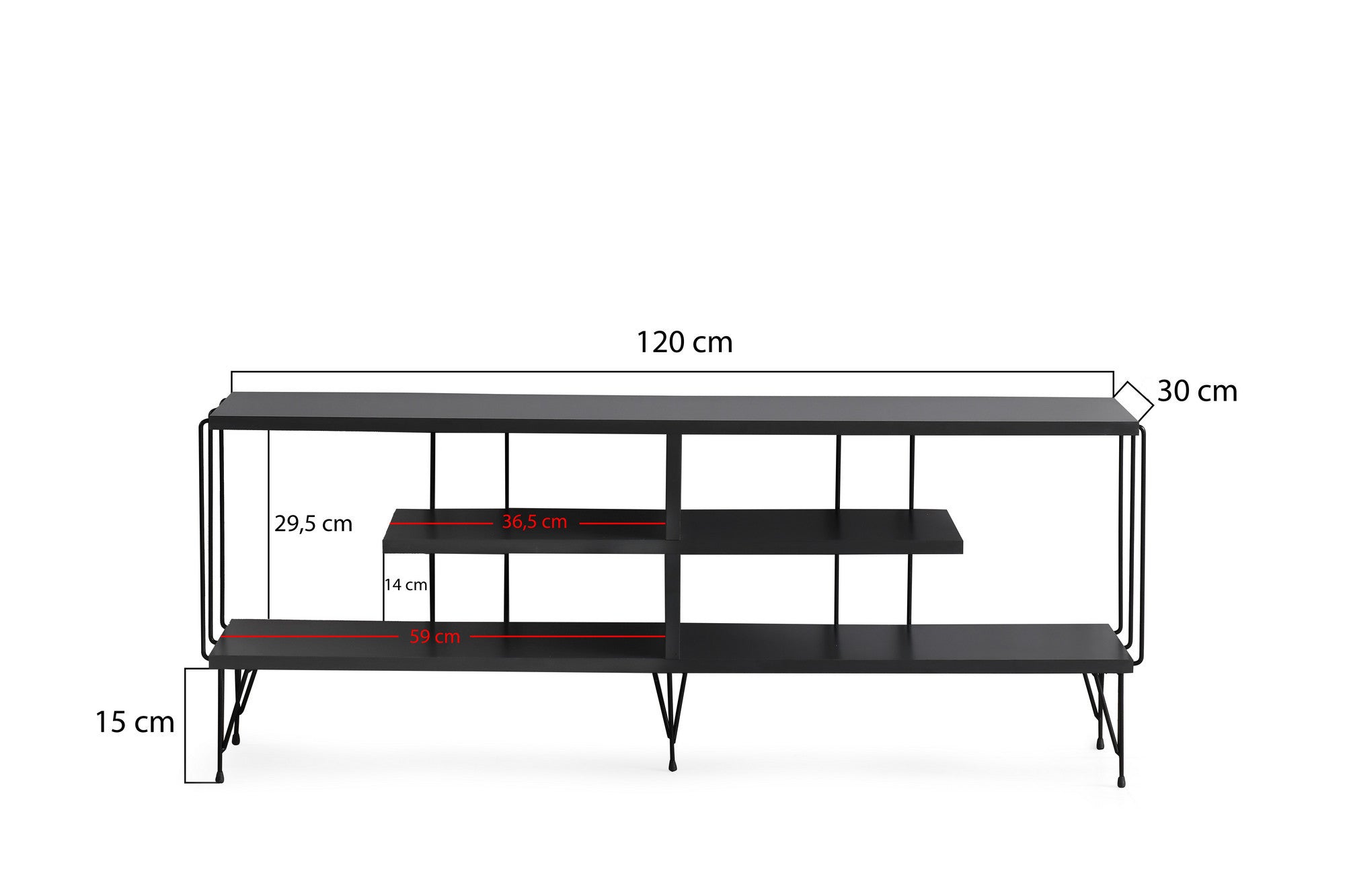 Suporte de TV moderno com pés de metal, antracite, 120 cm | Painel de partículas 100% revestido de melamina, 18 mm de espessura | Elegante e funcional com várias prateleiras