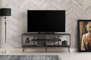 Suporte de TV moderno com pés de metal, marrom escuro, 120 cm | Painel de partículas 100% revestido de melamina, 18 mm de espessura | Várias prateleiras, design industrial elegante