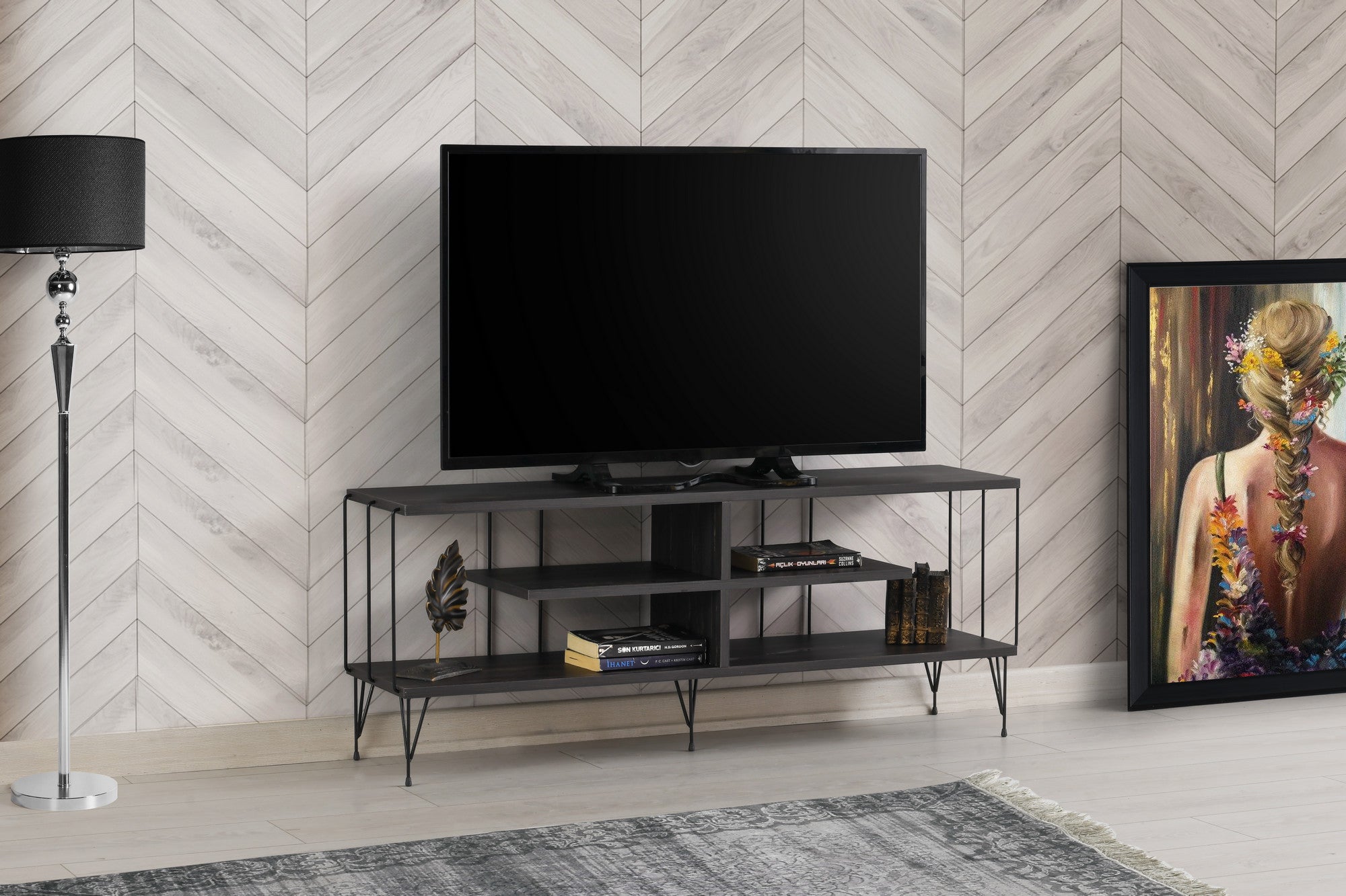 Suporte de TV moderno com pés de metal, marrom escuro, 120 cm | Painel de partículas 100% revestido de melamina, 18 mm de espessura | Várias prateleiras, design industrial elegante