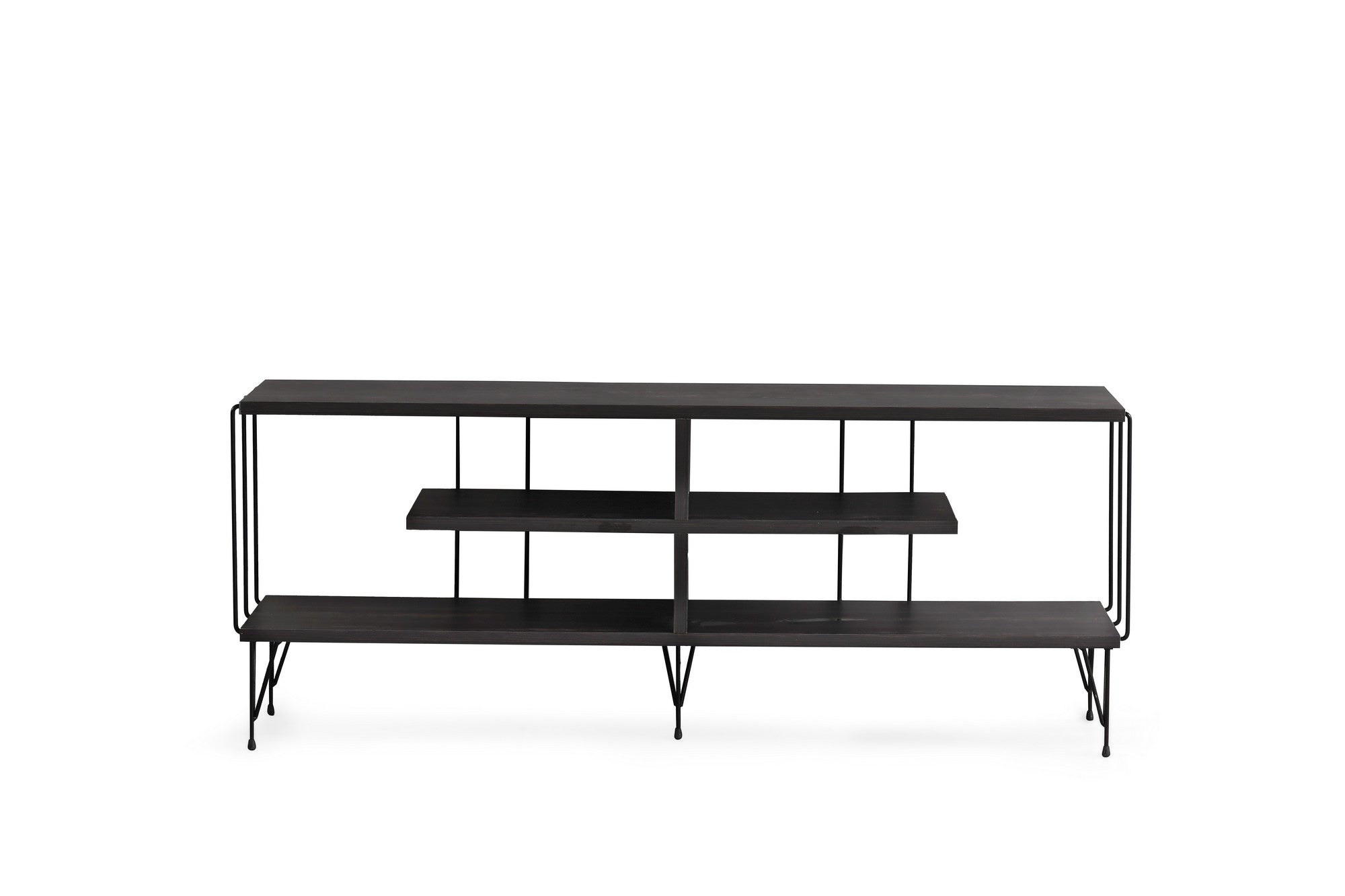 Suporte de TV moderno com pés de metal, marrom escuro, 120 cm | Painel de partículas 100% revestido de melamina, 18 mm de espessura | Várias prateleiras, design industrial elegante