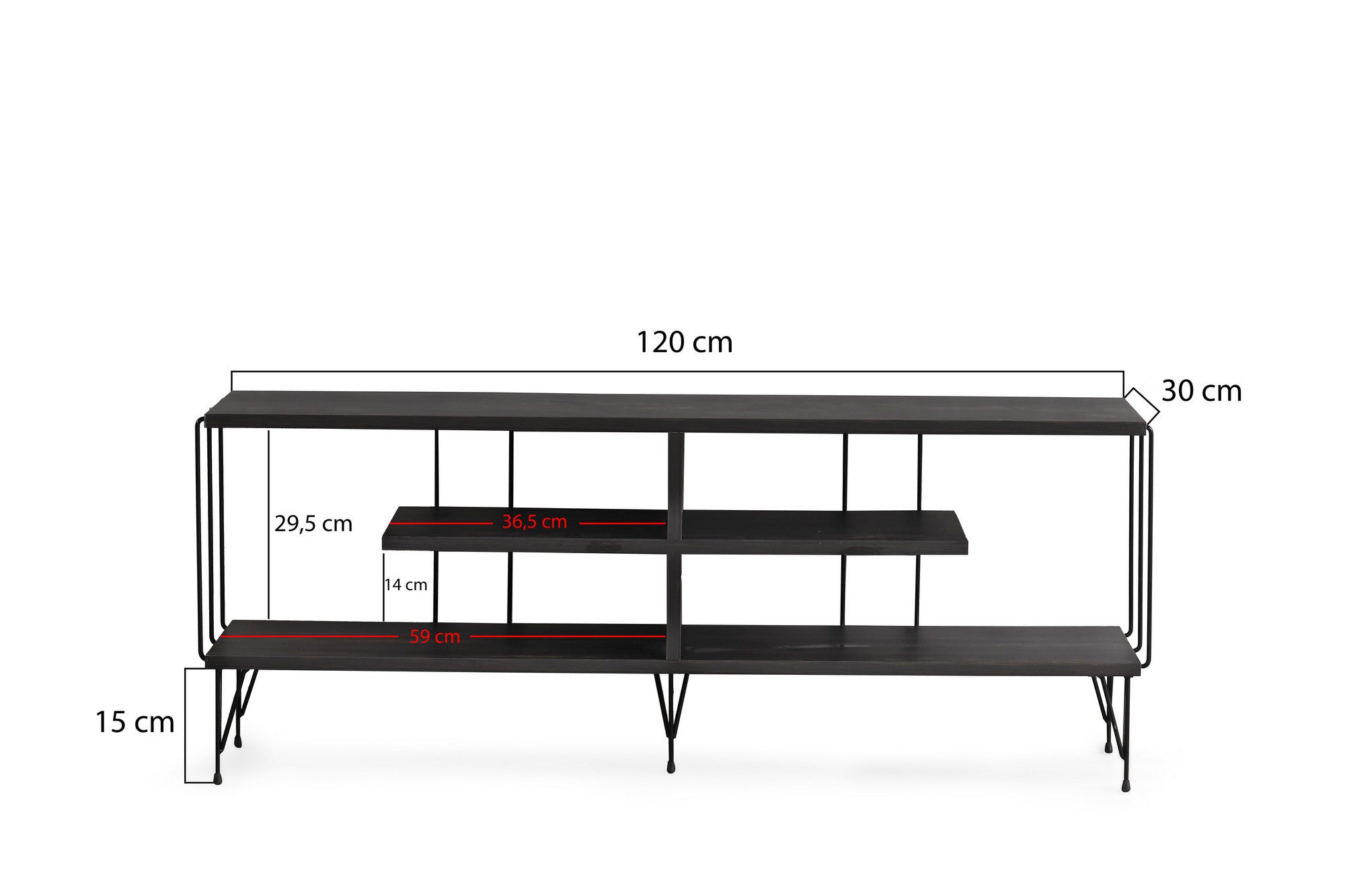 Suporte de TV moderno com pés de metal, marrom escuro, 120 cm | Painel de partículas 100% revestido de melamina, 18 mm de espessura | Várias prateleiras, design industrial elegante