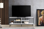 Suporte de TV moderno com pés de metal, branco, 120 cm | Painel de partículas 100% revestido de melamina, 18 mm de espessura | Design elegante com várias prateleiras, perfeito para salas de estar