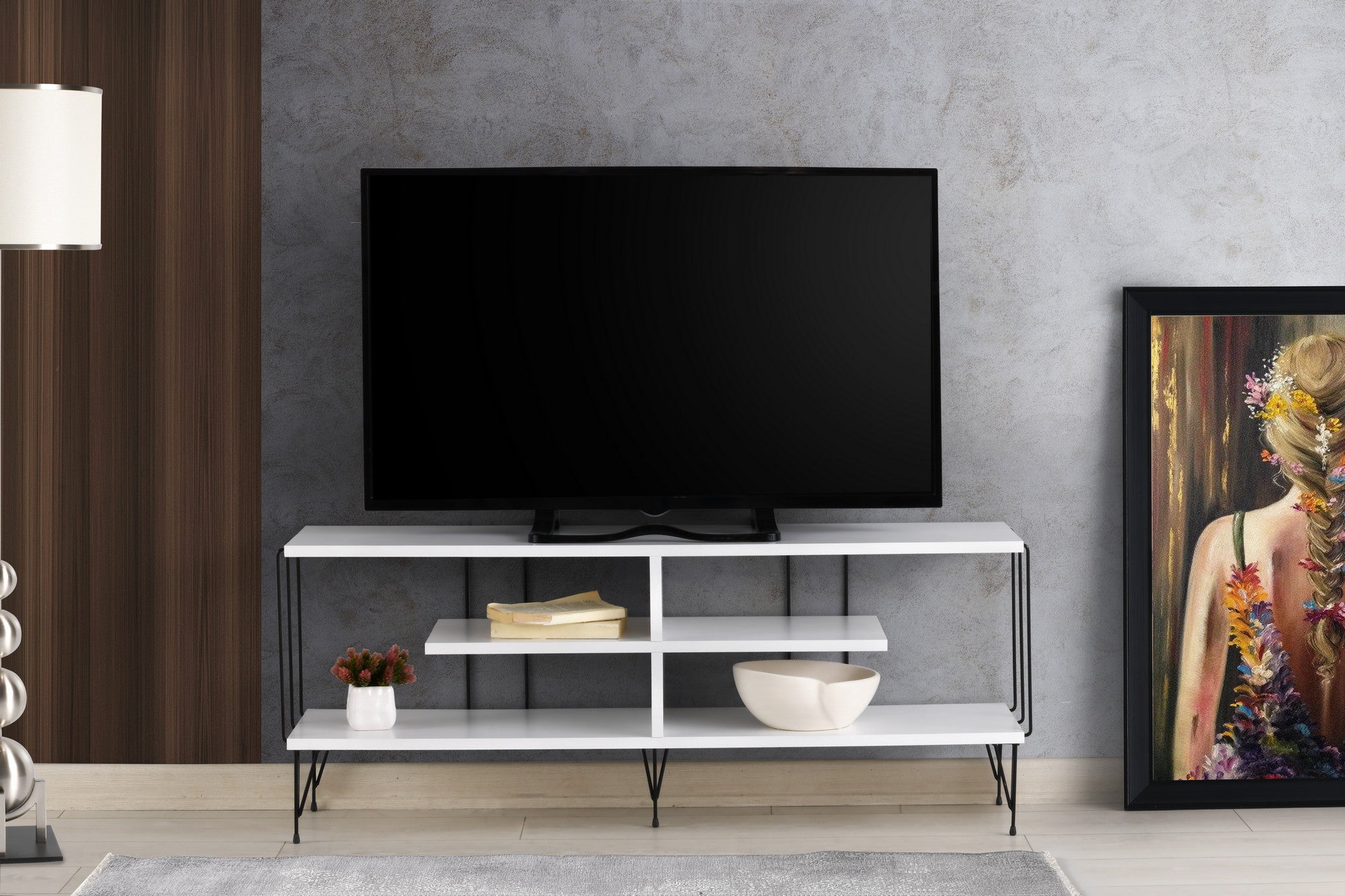 Suporte de TV moderno com pés de metal, branco, 120 cm | Painel de partículas 100% revestido de melamina, 18 mm de espessura | Design elegante com várias prateleiras, perfeito para salas de estar
